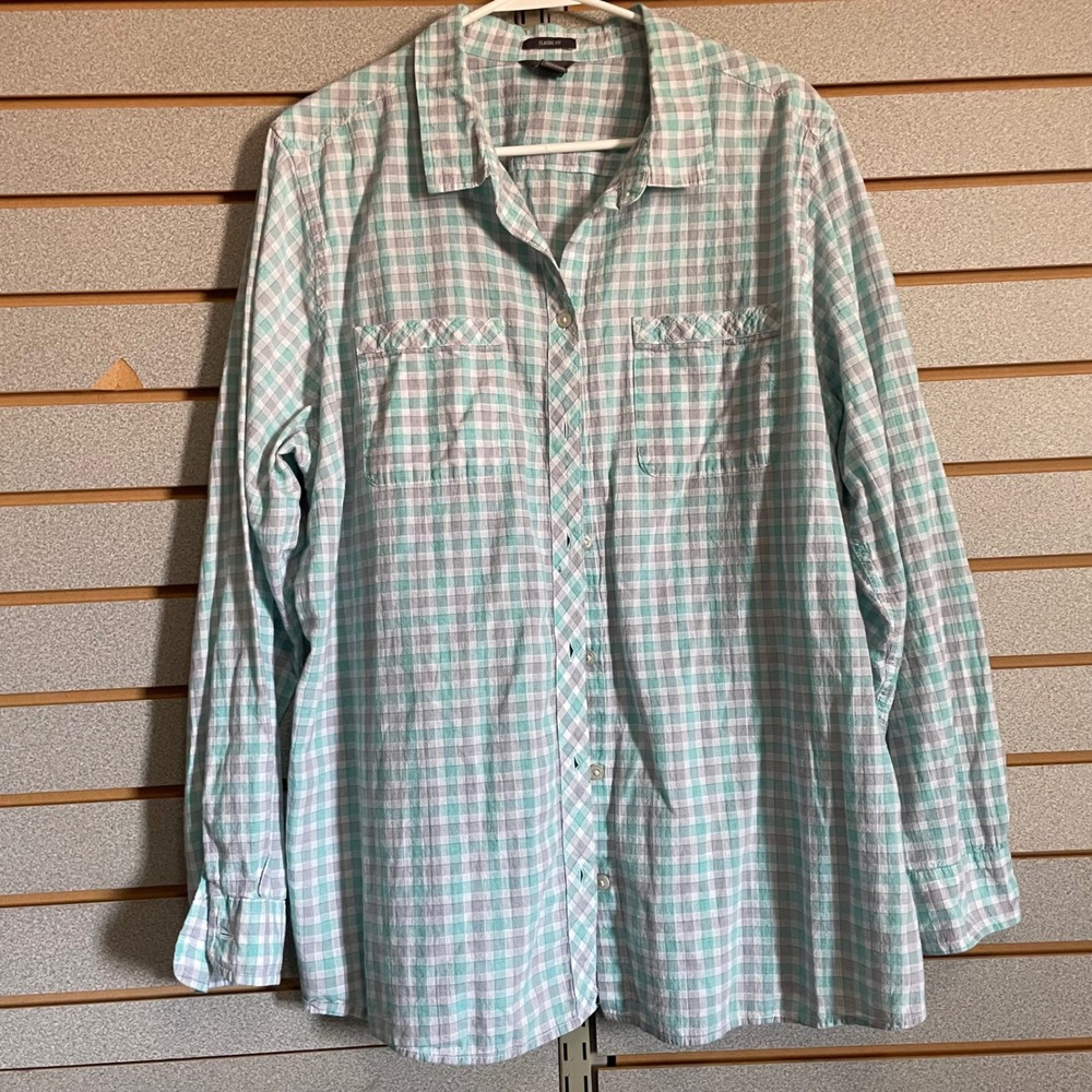 Eddie Bauer Womens 2XL Classic Fit Plaid Button Down Shirt‎ Teal Grey Textured